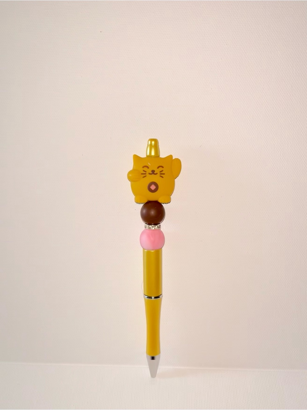 Yellow Cat-Top Ballpoint Pen with Pink Accent - Cute Desk Accessory